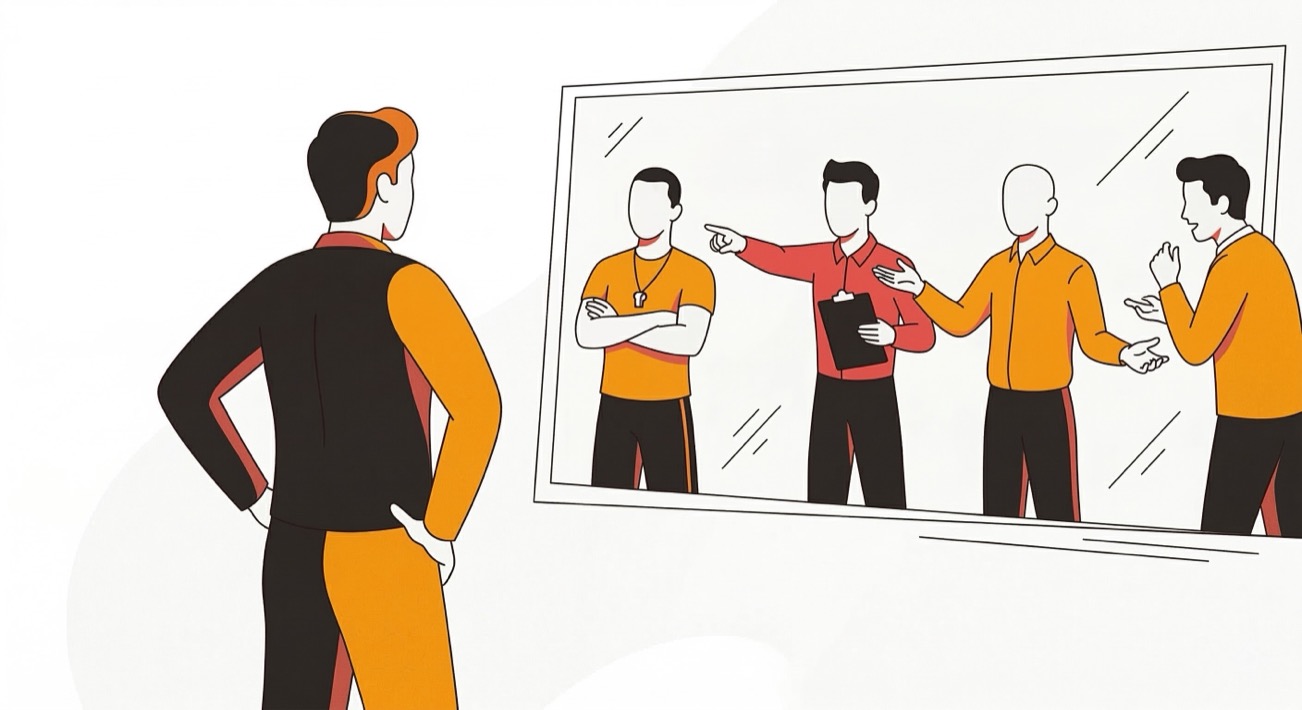 A person facing a mirror, seeing reflections of different coaches