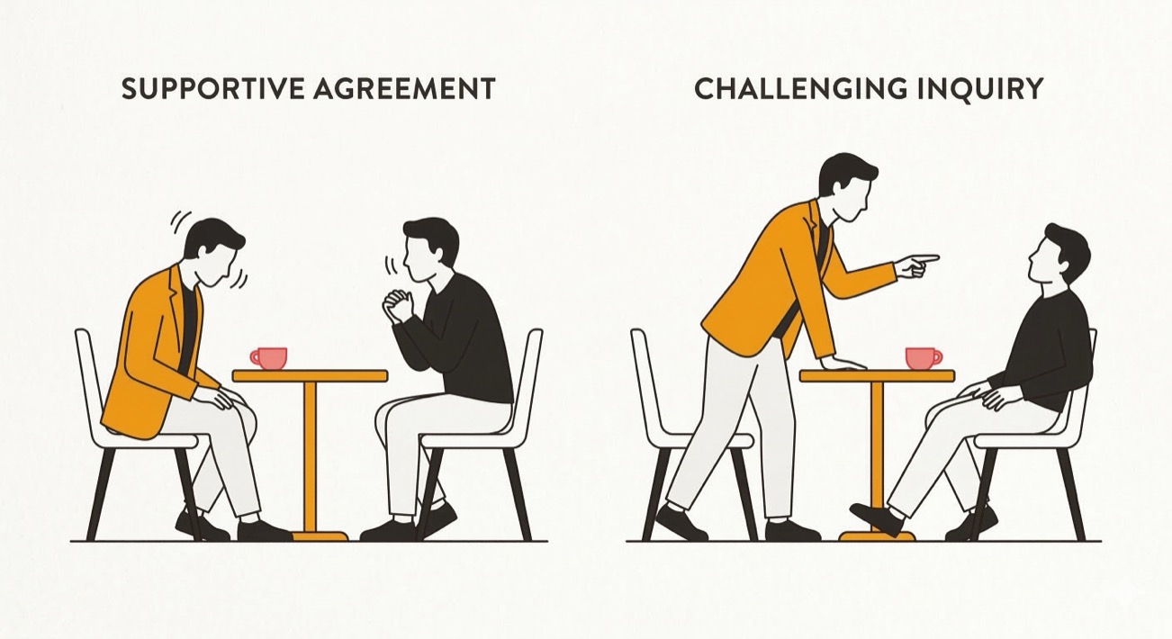 A coach nodding along vs. a coach challenging the client